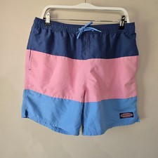 Vineyard Vines Mens Swim Trunks Large Colorblock Stripe Navy Pink Blue 6 Inseam