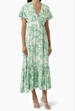 MinkPink Short Sleeve Felecia Button Midi Floral Boho Green Dress Womens Medium
