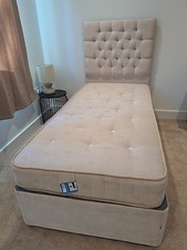 Cream velvet Fabric Single Divan Bed with buttoned headboard