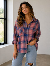 BDG Urban Outfitters Plaid Button Front Shirt Pink Navy Long Sleeve XS