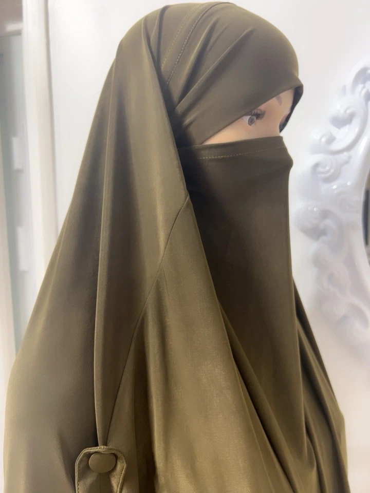 Camisa hijab larga ancha verde oliva entrelazado capa chic incorporada niqab talla libre Foto 3 de 4