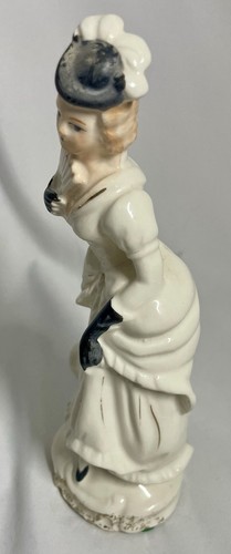 Porcelain Victorian lady figurine black gloves White Dress holding Fan 8.5 in H - Picture 2 of 6