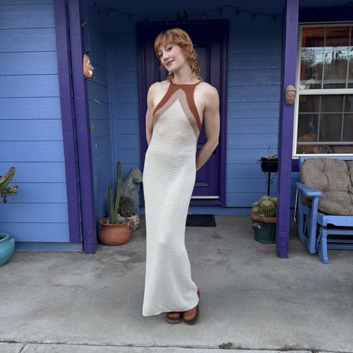 Petal & Pup Cream Knit Maxi Dress with Chevron Crochet Size 2 Small Brown Tan