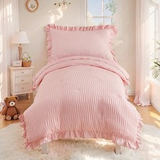 4 Piece Textured Seersucker Bedding Set Girls Crib Sheets Set Pink Ruffle Bab...