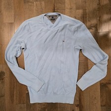 Mens Cotton Knit Sweater By Tommy Hilfiger, Light Weight Vneck Jumper Blue S