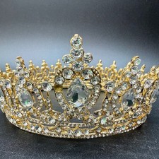 Tiara Crown Women Quinceanera White Rhinestone Gold Tone Princess Sparkle READ