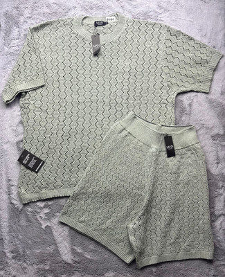 Boohoo Man Crochet Shirt Shorts Set 2XL Gray Plus Zig Zag