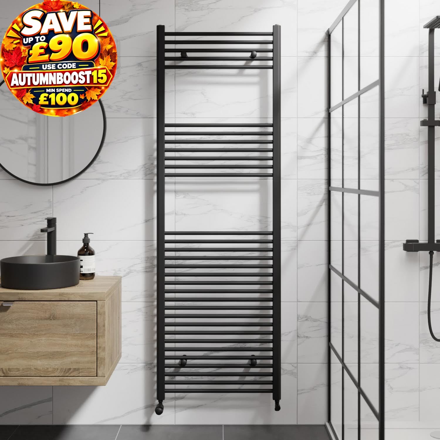 RadiLux Heated Towel Rail Matt Black 1800 x 600mm Flat