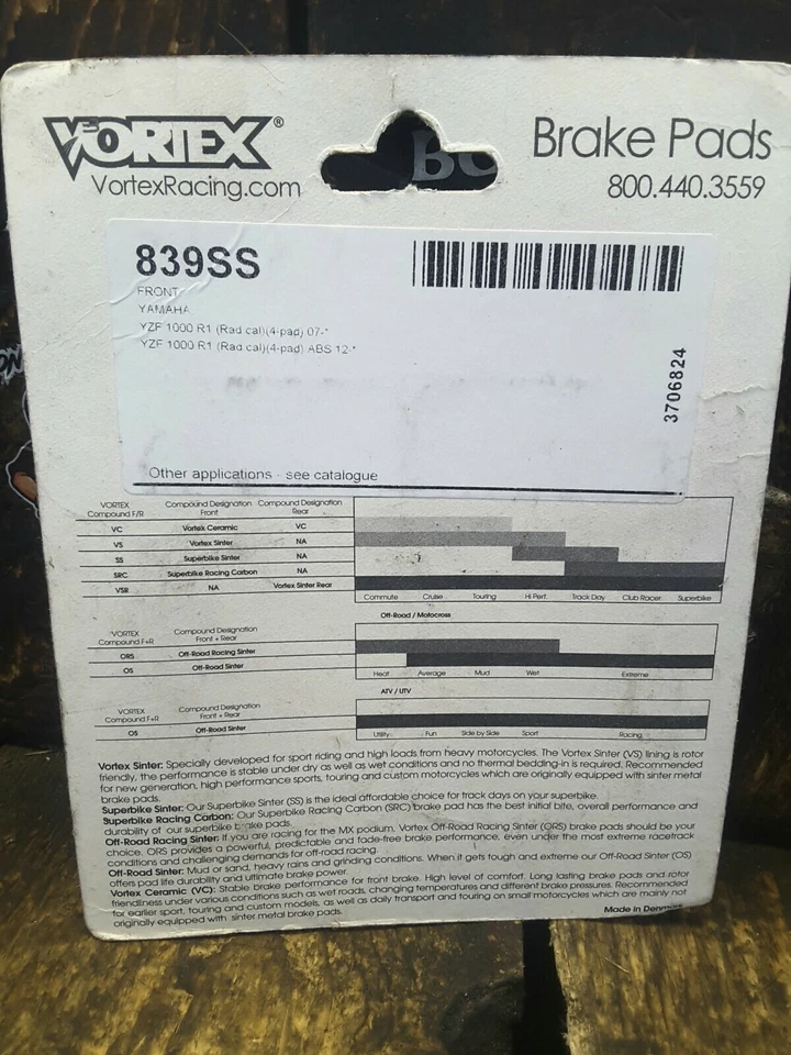 VORTEX MOTORCYCLE FRONT BRAKE PADS #839SS - Image 3 of 3