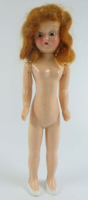 Vintage Hard Plastic Molded Body JOINTED ARMS DOLL 7.5'' Sleepy Eyes Red Hair