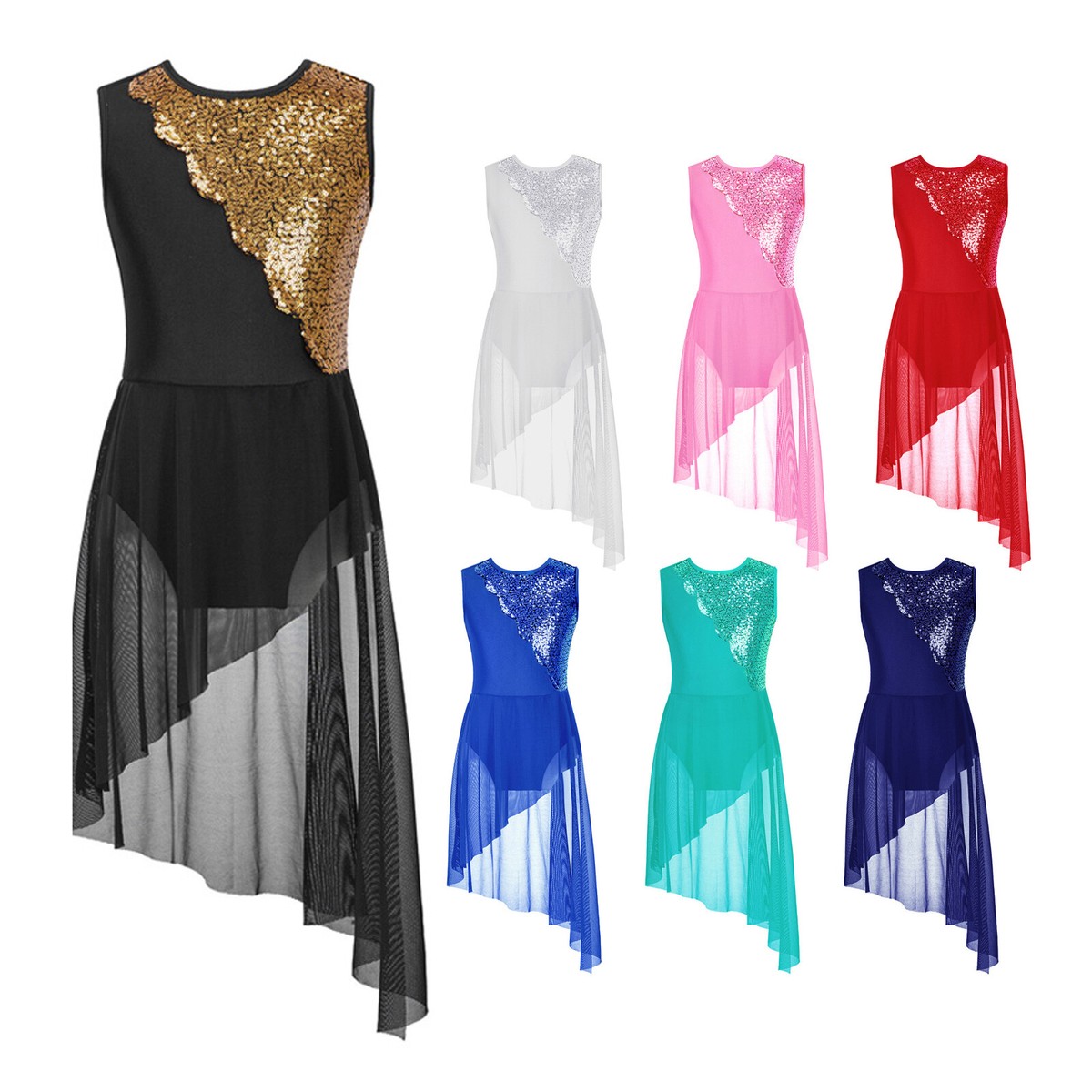Girls Kids Sequins Modern Jazz Dance Costume High Low Lyrical Dress  Dancewear | eBay
