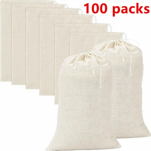 100 Pcs Cotton Muslin White Drawstring Bags Large Bulk Herbs Tea Spice Bag - Picture 1 of 8