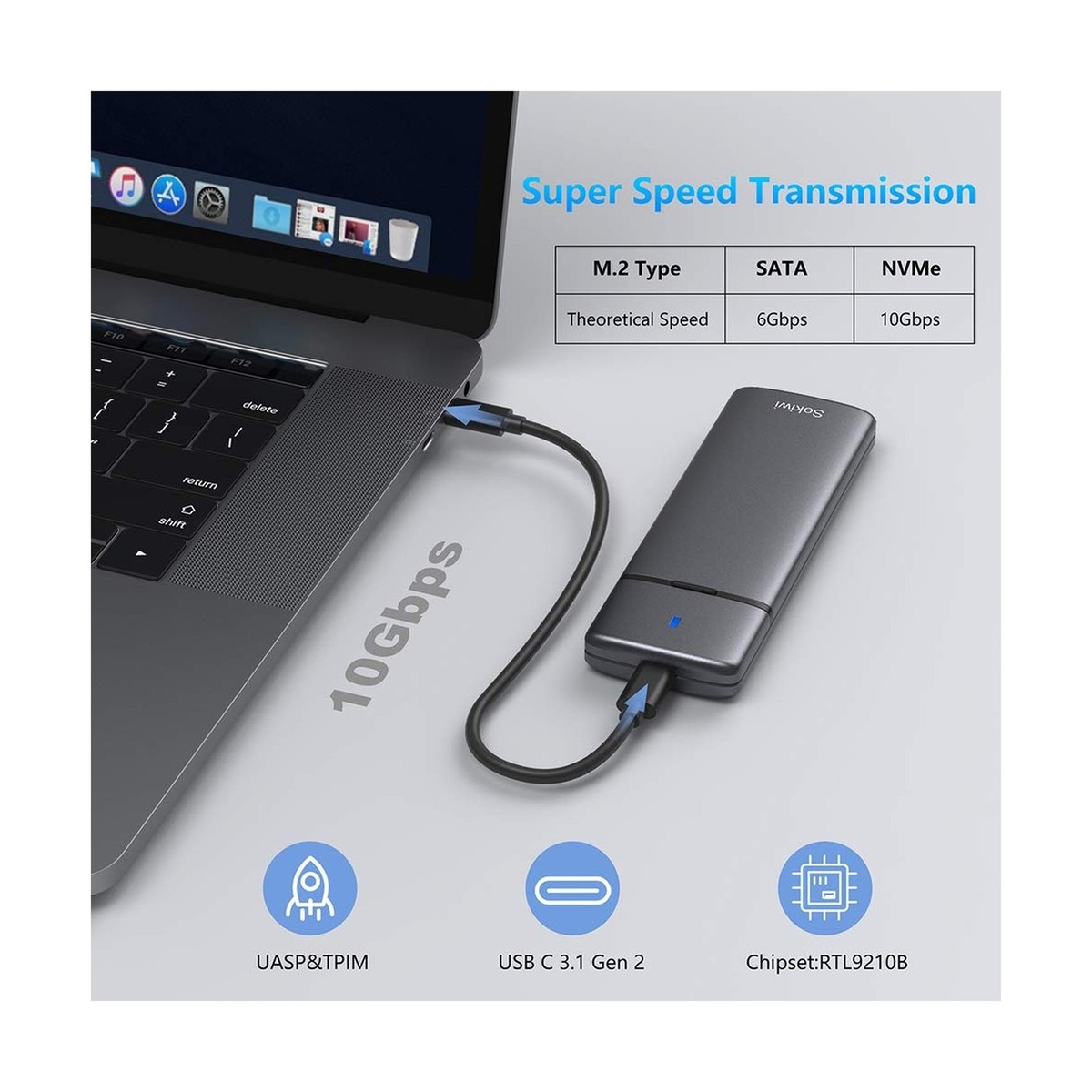 M.2 NVMe SATA SSD Enclosure Adapter Tool-Free, USB 3.2 Gen2 10Gbps