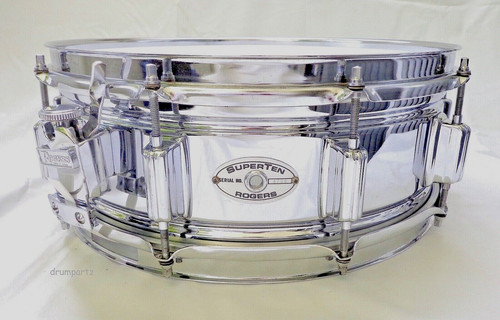ROGERS - SUPERTEN SNARE DRUM - Vtg 70's SCRIPT BADGE - 10 Lug Steel 5" x 14"