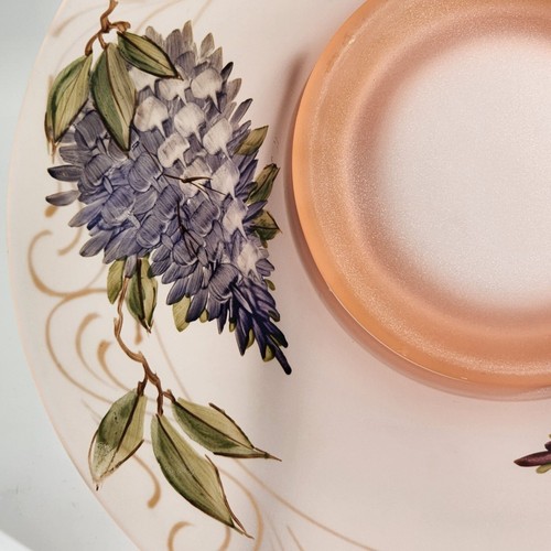 Pink Frosted Glass Bowl Hand Painted Purple Lavender Floral w/Gold Accents VTG - Picture 7 of 12