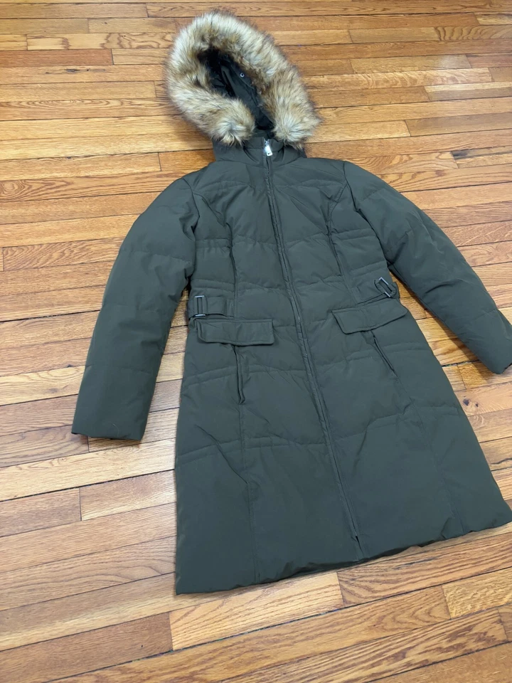 Jones Нью-Йорк женщин вниз пуховик пальто размер средний зеленый изолированный мех отделки капюшон - Изображение 3 из 4