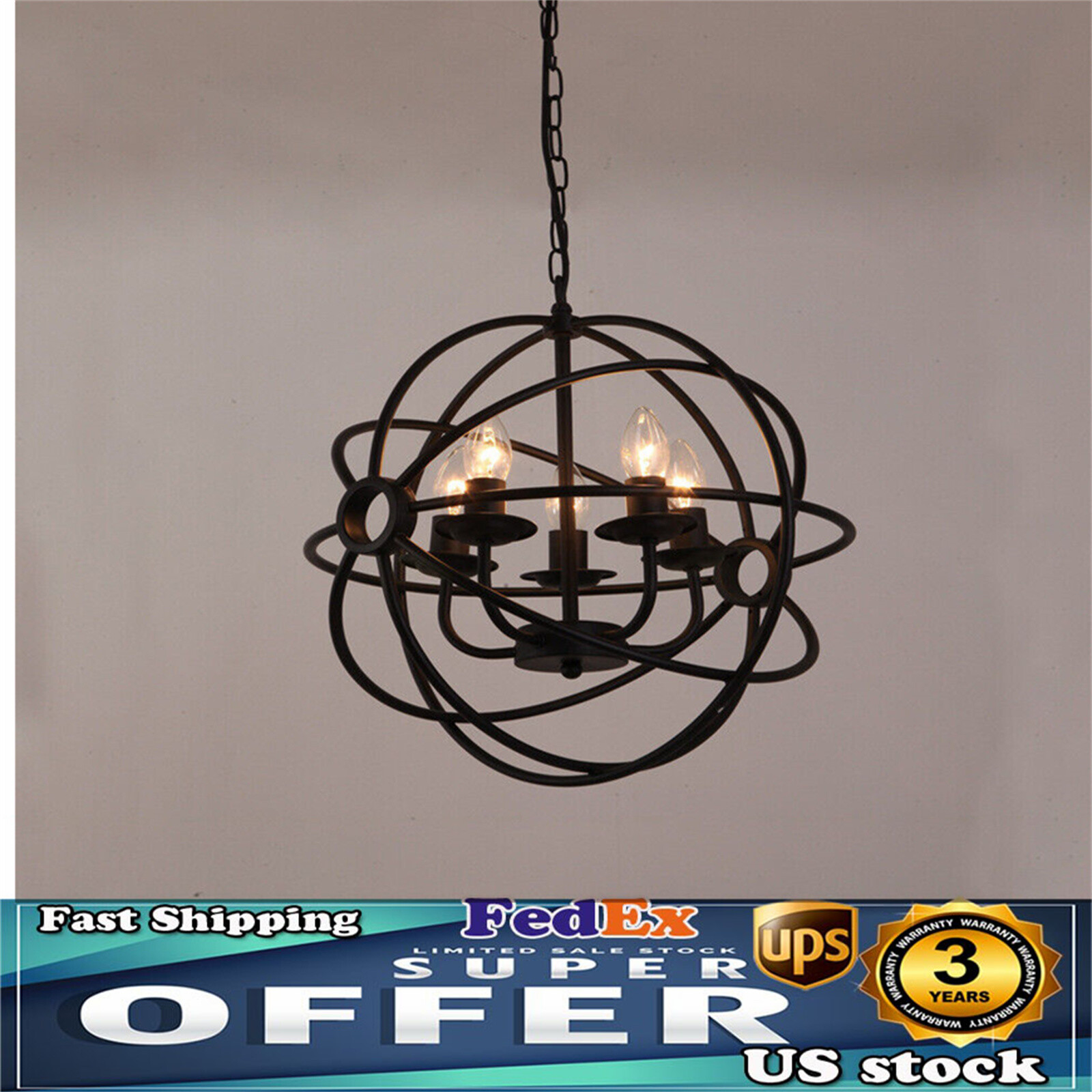 Black Metal Orb Chandelier Lamp Round Hanging Ceiling Light Fixture