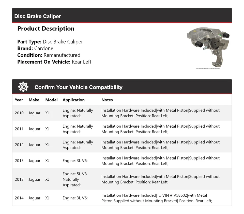 Pinza de freno de disco trasera izquierda cardone 2011 2012 2013 para Jaguar XJ 2010-2014 Foto 2 de 4