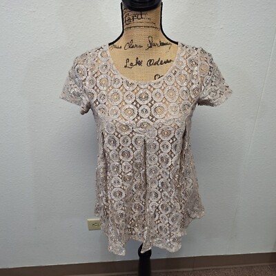 Anthropologie Akemi Kin Lace Top Short Sleeve Beige Silver Circle Women Size XS