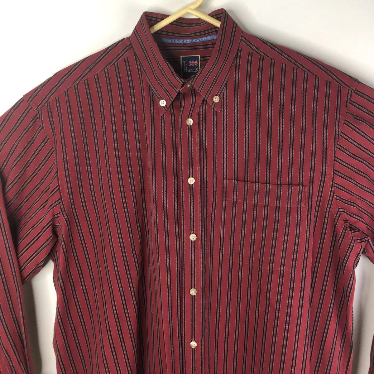 T Harris London Men's Dress Shirt XL Button Down Long Sleeve Red Black Striped