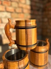 Handmade Set 2 Beer Mug Wooden Viking Beer Cup Wooden Tankard Beer Mug 0.65 L
