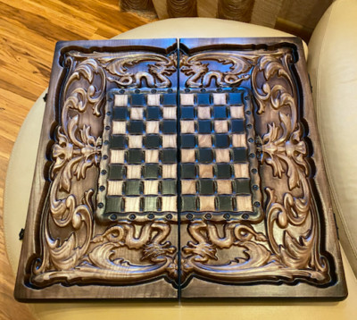 Unique CHESS + BACKGAMMON - Dragon - Large Wooden - BOARD GAME - Wood 58x28cm