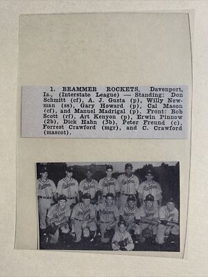 Brammer Rockets Davenport Iowa Interstate League 1954 Baseball Team Picture