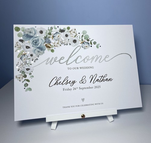 Flores azules polvorientas SIGNO DE BIENVENIDA eucalipto decoración de boda plata verde follaje - Imagen 9 de 15