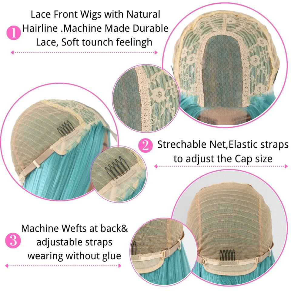 Pelucas de encaje sintético azul peluca larga de seda recta ligera fibra de alta temperatura Foto 3 de 4