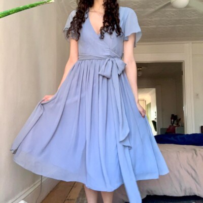 French Blue Wedding Guest Dress with Flutter Sleeves And Wrap Bow Detail |  eBay