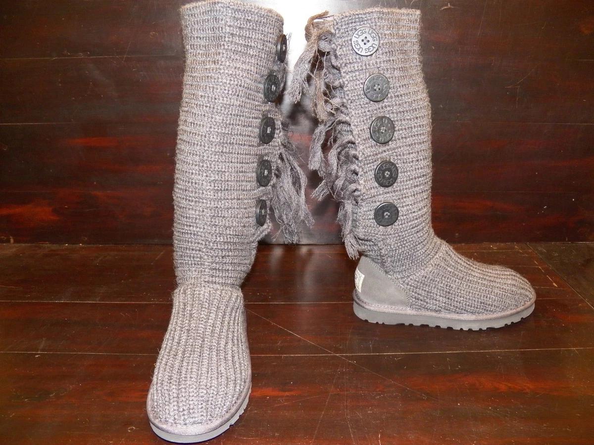 New Womens UGG Cardy Fringe Charcoal Grey Tall Boots 5 Button Knit Gray RARE