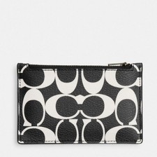 NWT Coach Zip Card Case In Black/ Chalk Signature Canvas Leather CP216