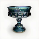Vintage Carnival Glass “Kings Crown” Blue Iridescent Thumbprint Pedestal Compote