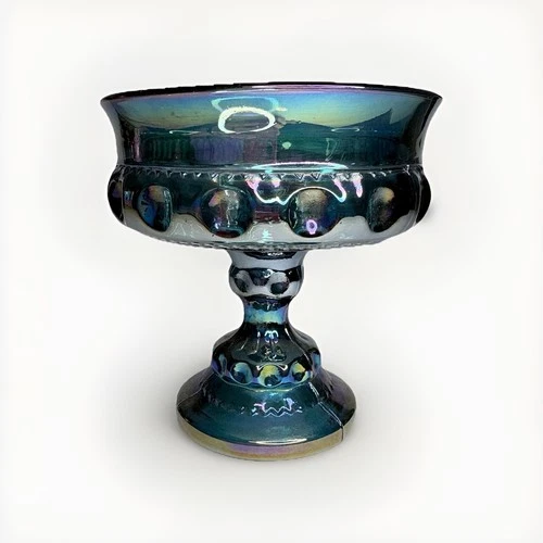 Vintage Carnival Glass “Kings Crown” Blue Iridescent Thumbprint Pedestal Compote