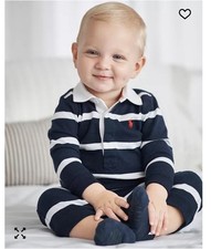 RALPH LAUREN POLO INFANT BABY BOY NAVY BLUE WHITE STRIPED COTTON ROMPER 12 MOS