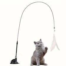 Interactive Cat Teaser Wand Toy with Feather Bell Suction Cup for Indoor Cats