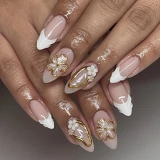 evpct 3D Flower French Press on Nails Medium Almond with Gold Line Design, Wh...