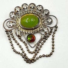 Vintage Silver Tone Green Cabochon Brooch Clear Rhinestone Dangle Ball Chain Pin
