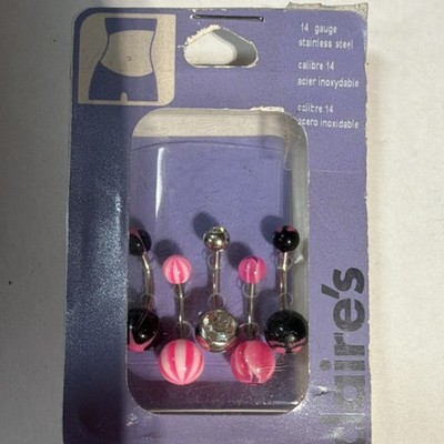 claire's Belly Button Barbell 14 Gauge Stainless Steel Crystal Pink Black Set