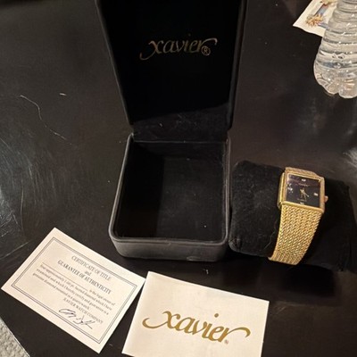 Xavier Gold Tone Rectangle Quartz Bracelet Wristwatch Black Dial with Box