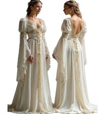 Medieval Long Sleeve Wedding Dress V-Neck Victorian Gold Lace Inlaid Elf Forest