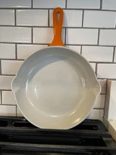 Vintage Descoware Orange Red Flame 10” Skillet, Enamel Frying Pan Belgium