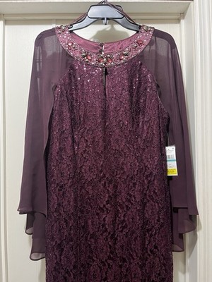 Ignite Evenings Fig Lace Beaded Sequin Long Gown Dress Size 16 Cape Sleeve  | eBay
