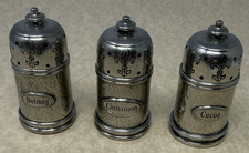 VTG Three Universal Hammered Pewter Spice Shakers Nutmeg Cinnamon Fleur De Lis