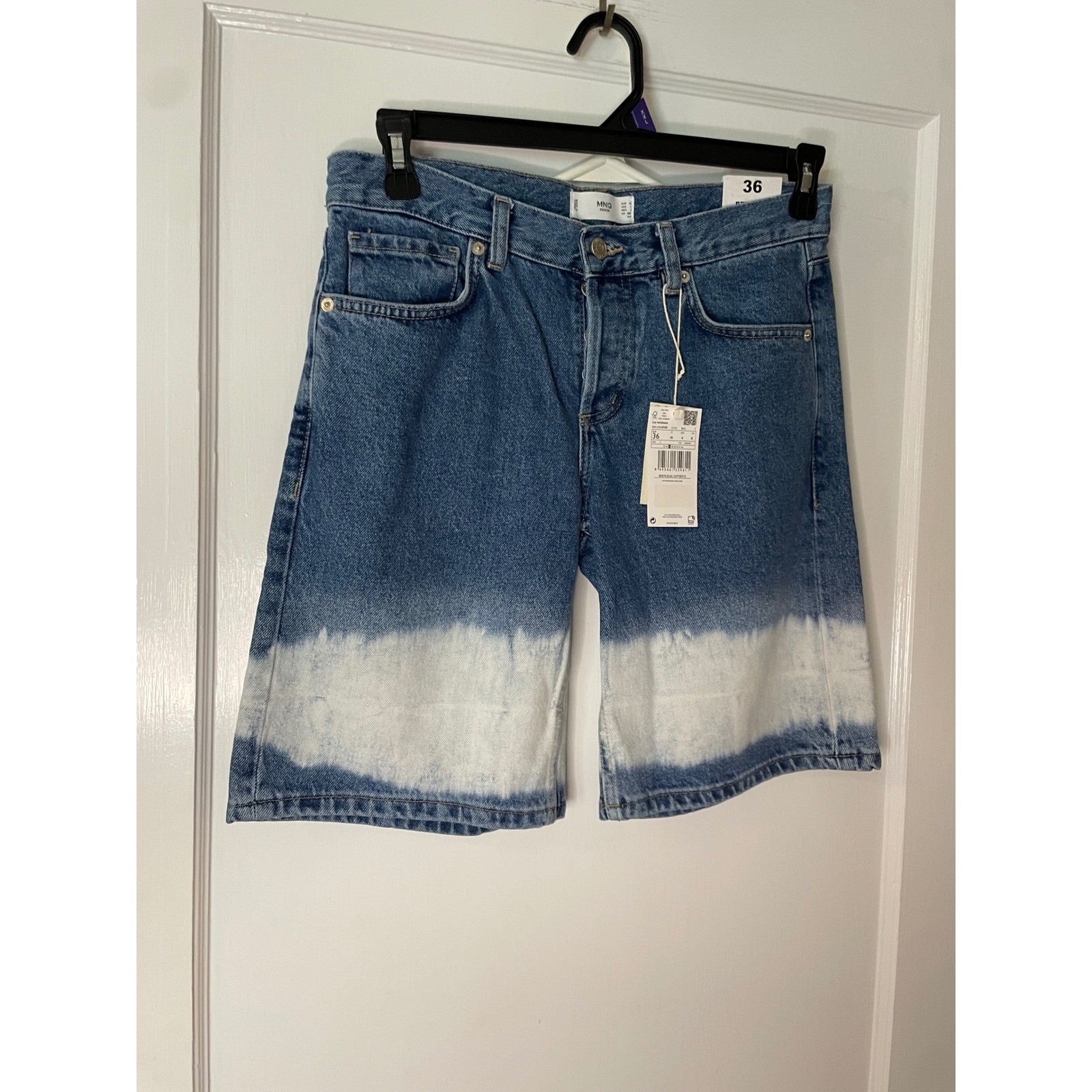 MANGO Woman Bermuda Tie Dye Denim Shorts Size 4 36 Blue White High Waist