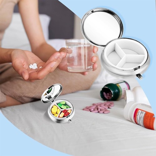 Round Metal Pill Box 3 Compartments Medicine Tablet Holder Portable Pill Case - Picture 15 of 21