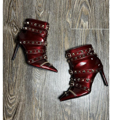 Red Studded Buckle Ankle Stiletto Bootie for Women