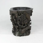 P0866: Vintage Chinese quality KARAKI wooden brush pot with great Sculpture