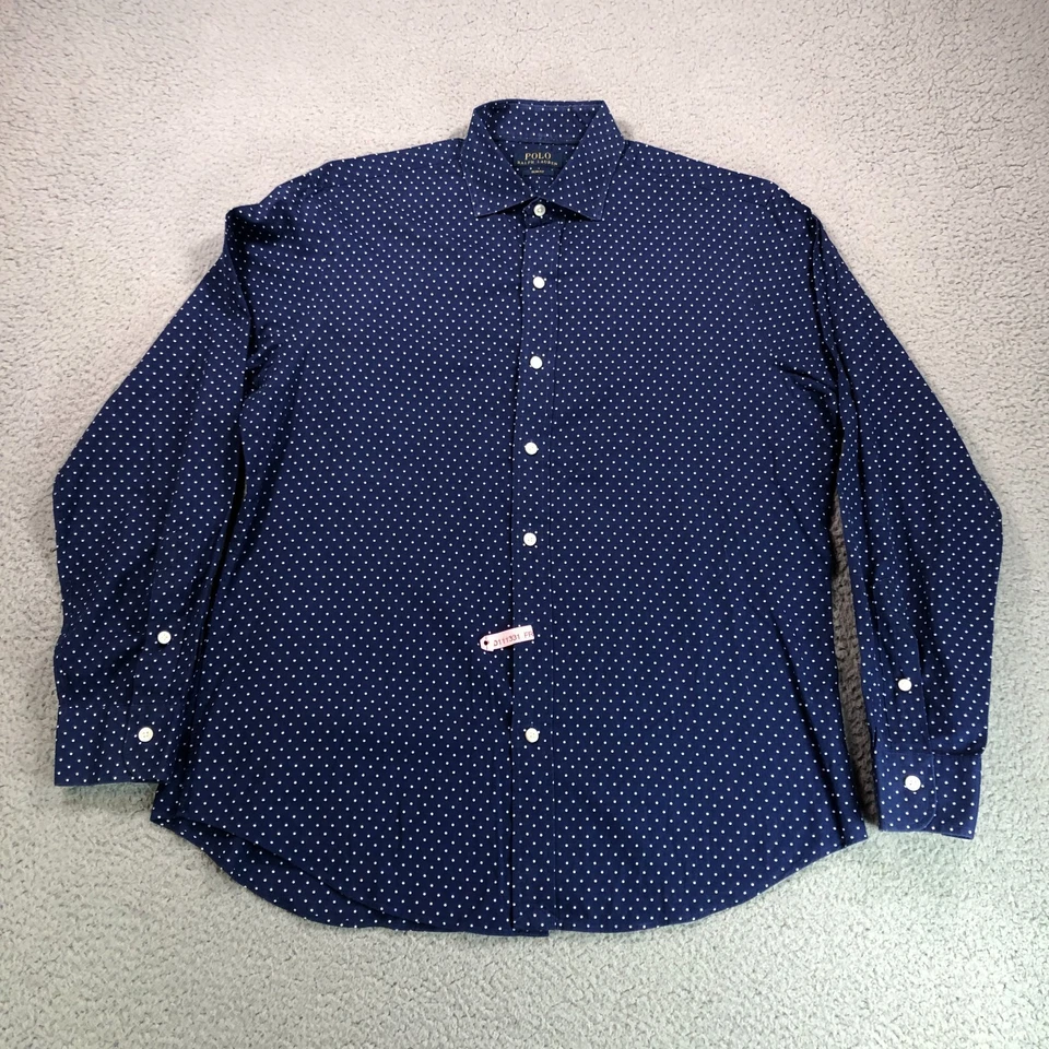 Camisa Polo Ralph Lauren Adulto Grande Azul Lunares Calce Ajustado Manga Larga Botón Foto 3 de 4