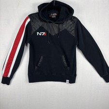 N7 Bioware Mass Effect Hoodie Pullover SMALL Black Gamer Cosplay Faux Leather